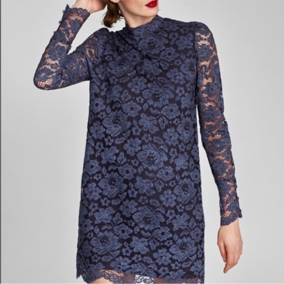 NEW Zara Faded Blue‎ Long Sleeve Lace Mini Dress Romantic Style Size Medium - Picture 4 of 16
